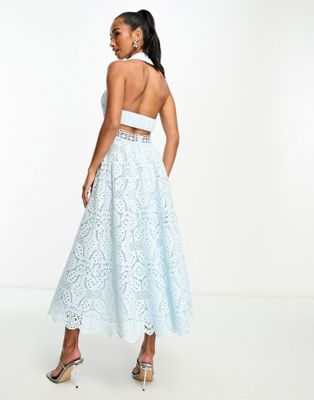 ASOS DESIGN Petite lace collar midi dress with open back detail in light  blue