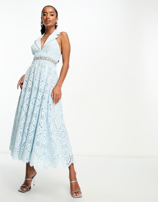 ASOS DESIGN Petite lace collar midi dress with open back detail in light  blue