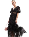 [ASOS Petite] ASOS DESIGN Petite lace cut out button through ruffle hem midi dress in black floral print-Multi 4 Black Floral Print