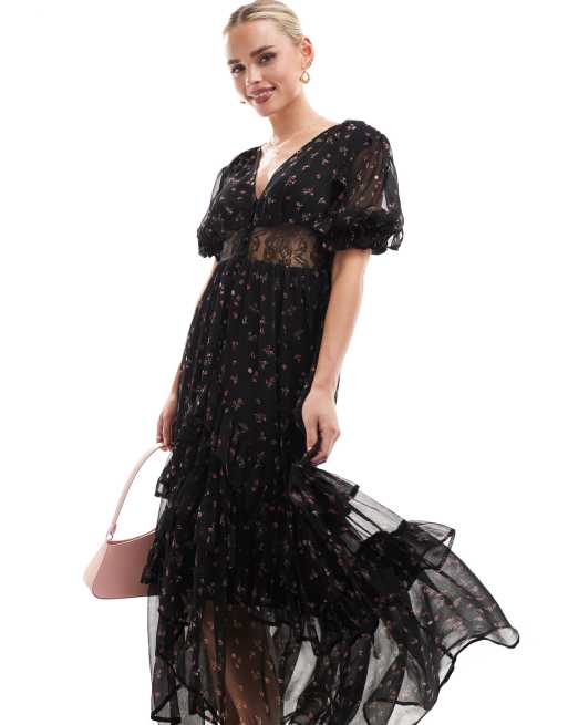 ASOS DESIGN Petite lace cut out button through ruffle hem midi dress in black floral print