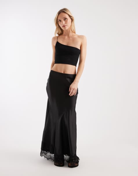 ASOS DESIGN Petite lace hem fishtail maxi skirt in black - view 1