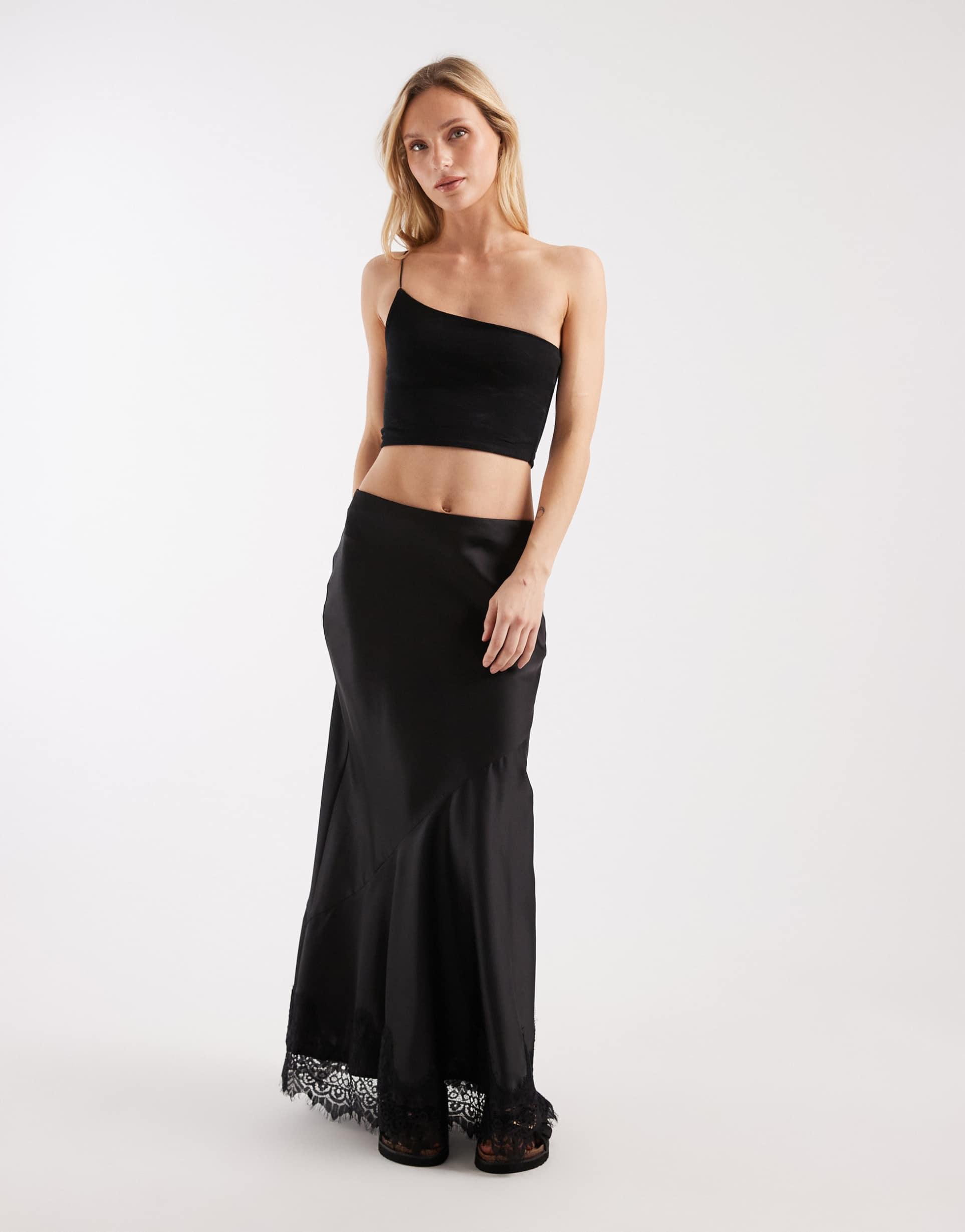 asos design petite lace hem fishtail maxi skirt in black