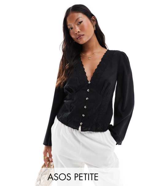 ASOS DESIGN Petite lace insert button down top in black - view 1