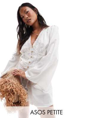 Asos Design Petite Lace Insert Button Down Top In White