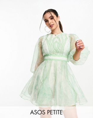 ASOS DESIGN Petite lace insert embroidered organza mini skater dress in green print