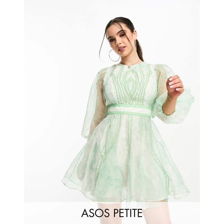 ASOS DESIGN Petite lace insert embroidered organza mini skater dress in green print ASOS