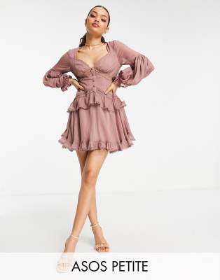 ASOS DESIGN Petite lace insert mini dress with button detail | ASOS