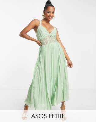 Asos Petite Asos Design Petite Lace Insert Pleated Midi Dress In Sage-green