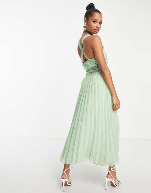 ASOS DESIGN Petite lace insert pleated midi dress in sage