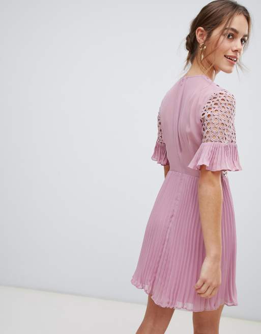 ASOS DESIGN Petite lace insert pleated mini dress