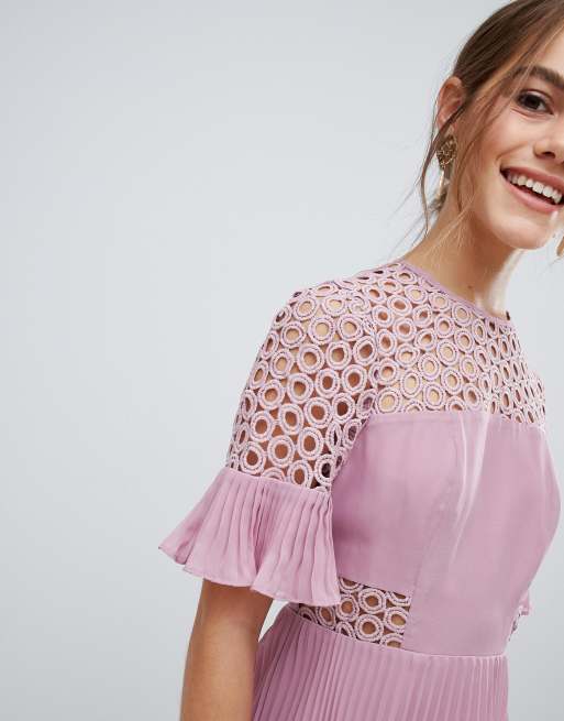 ASOS DESIGN Petite lace insert pleated mini dress