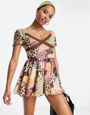 ASOS DESIGN Petite lace insert short sleeve mesh playsuit in mixed print - ASOS Price Checker