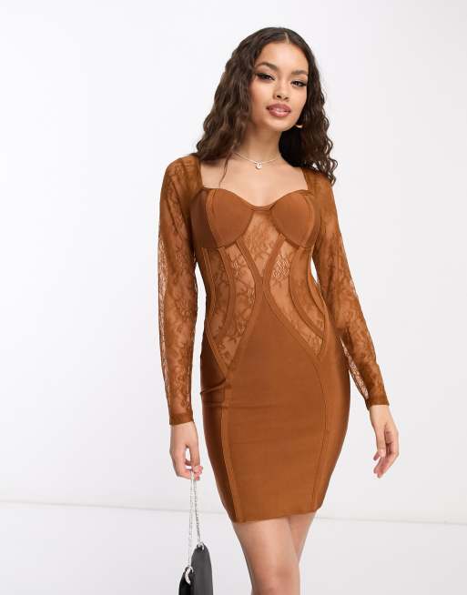 Plus Brown Bandage Panelled Bodyco