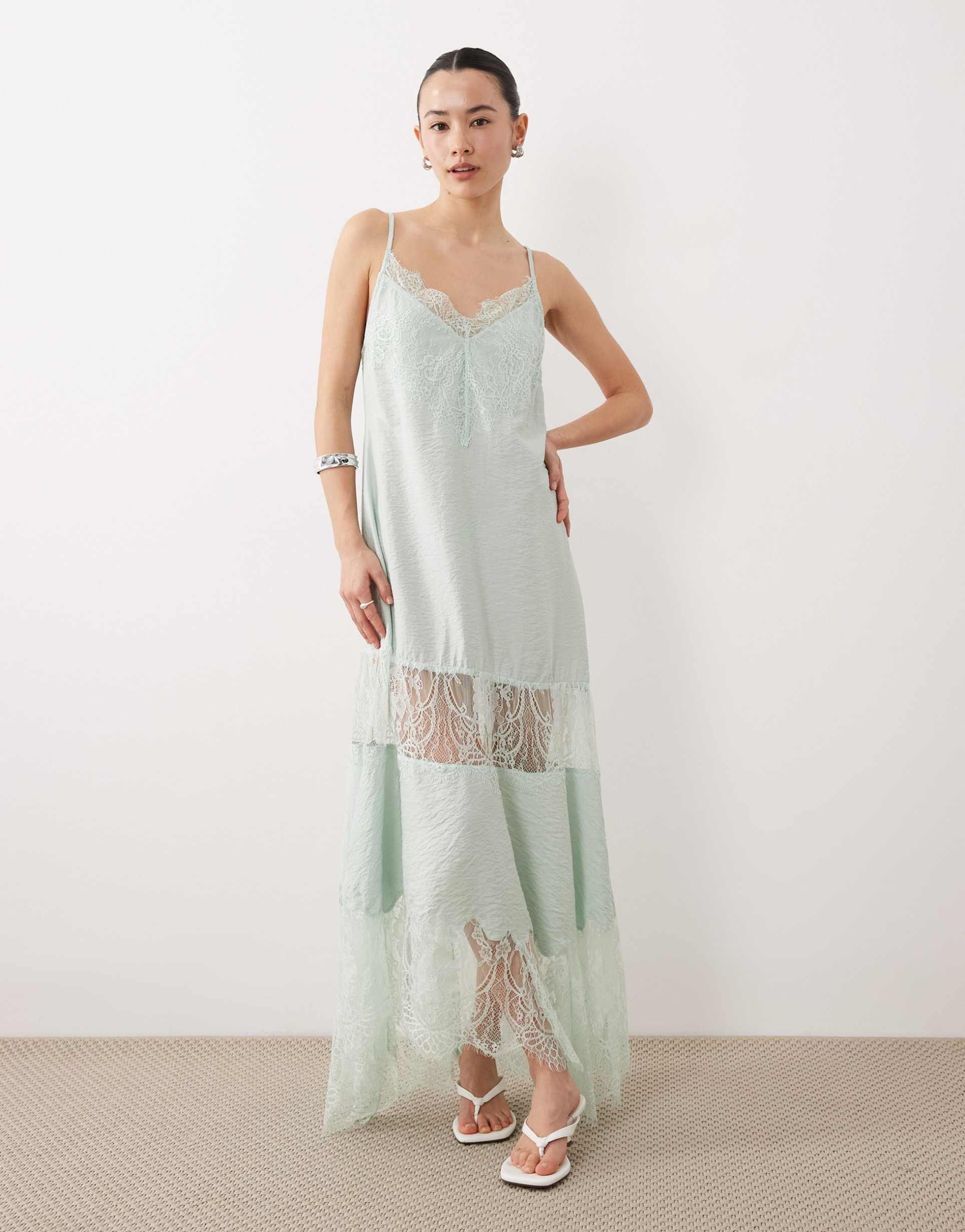 asos design petite lace inserts handkerchief hem maxi dress in mint