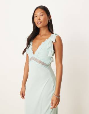 Asos Petite Asos Design Petite Lace Inserts Slip Chiffon Midi Dress In Green