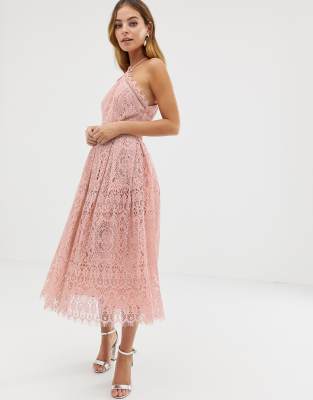 asos design lace midi dress with ribbon tie and open back