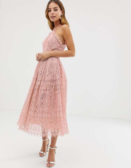 Asos design lace midi 2025 dress with pinny bodice