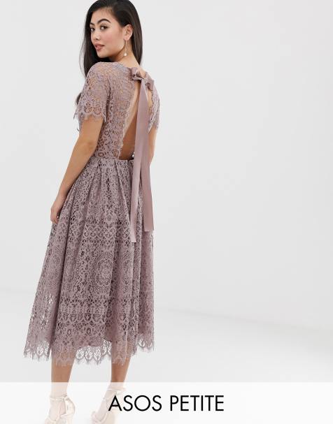 ASOS DESIGN Petite lace midi dress with ribbon tie and open back