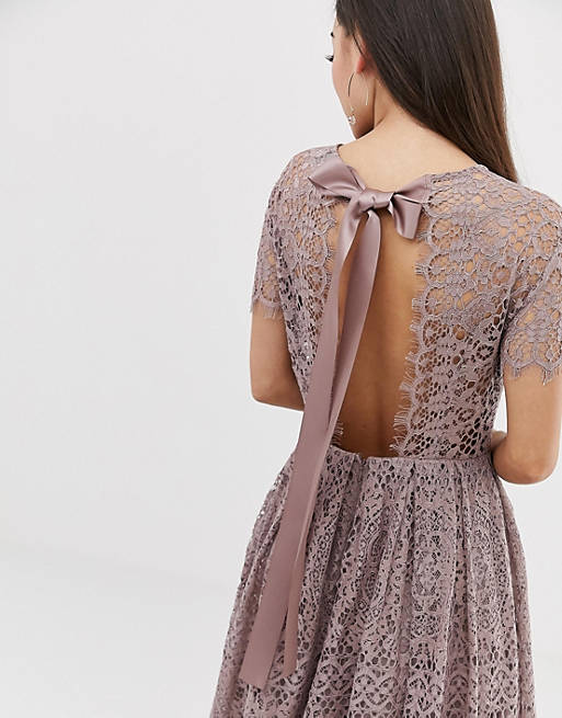 ASOS DESIGN Petite lace midi dress with ribbon tie and open back