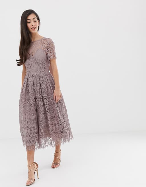 ASOS DESIGN Petite lace midi dress with ribbon tie and open back