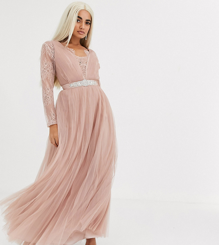 ASOS DESIGN Petite lace sleeve plunge tulle maxi dress with embellished waist trim detail in dusty pink