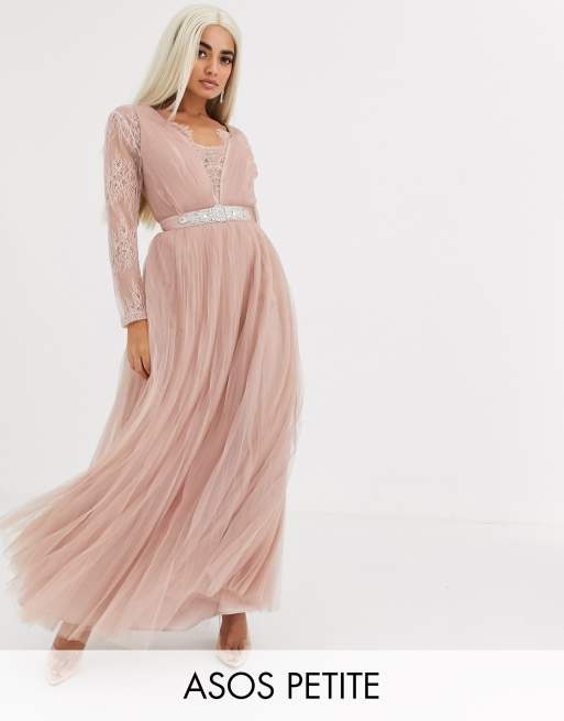 ASOS DESIGN Petite lace sleeve plunge tulle maxi dress with