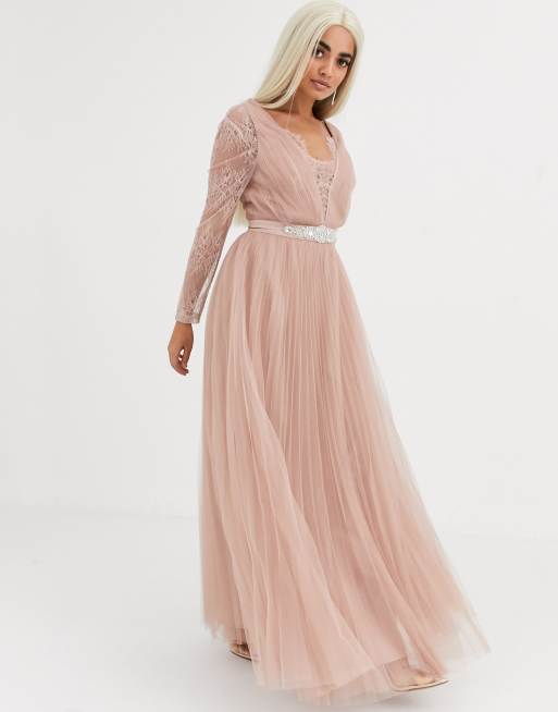 ASOS DESIGN Petite lace sleeve plunge tulle maxi dress with embellished waist trim detail in dusty pink