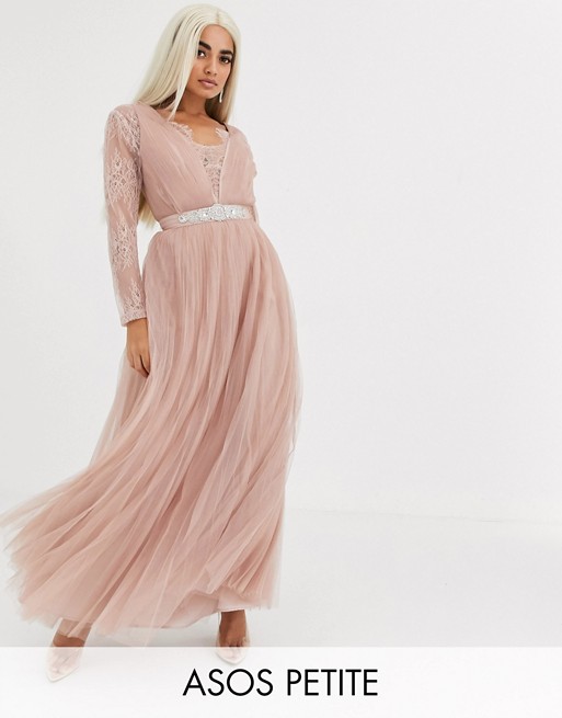 ASOS DESIGN Petite lace sleeve plunge tulle maxi dress with embellished waist trim detail in dusty pink