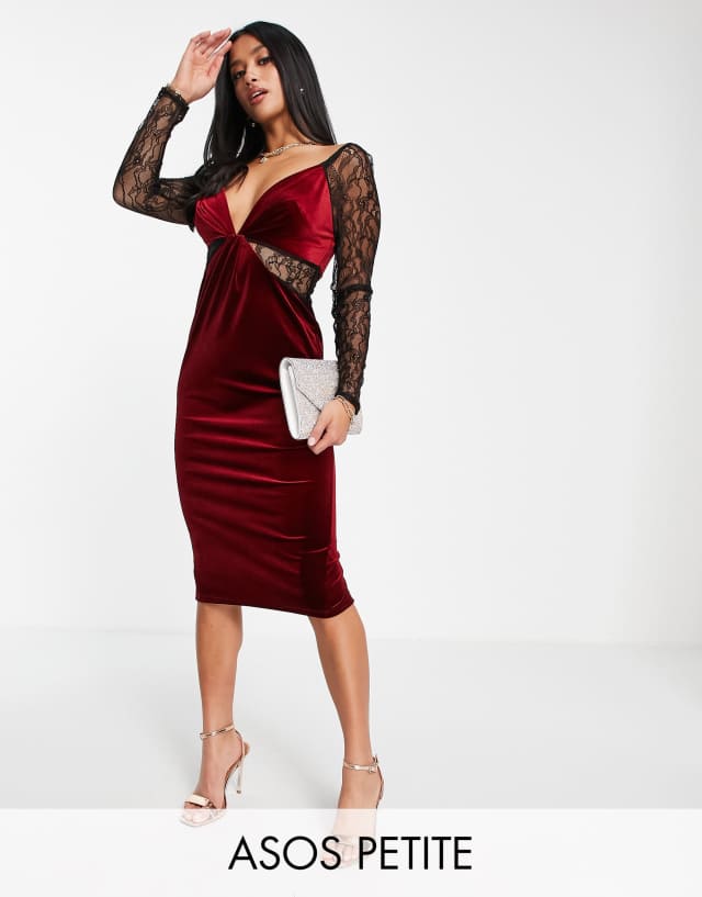 ASOS DESIGN Petite lace sleeve velvet body-conscious midi dress in berry