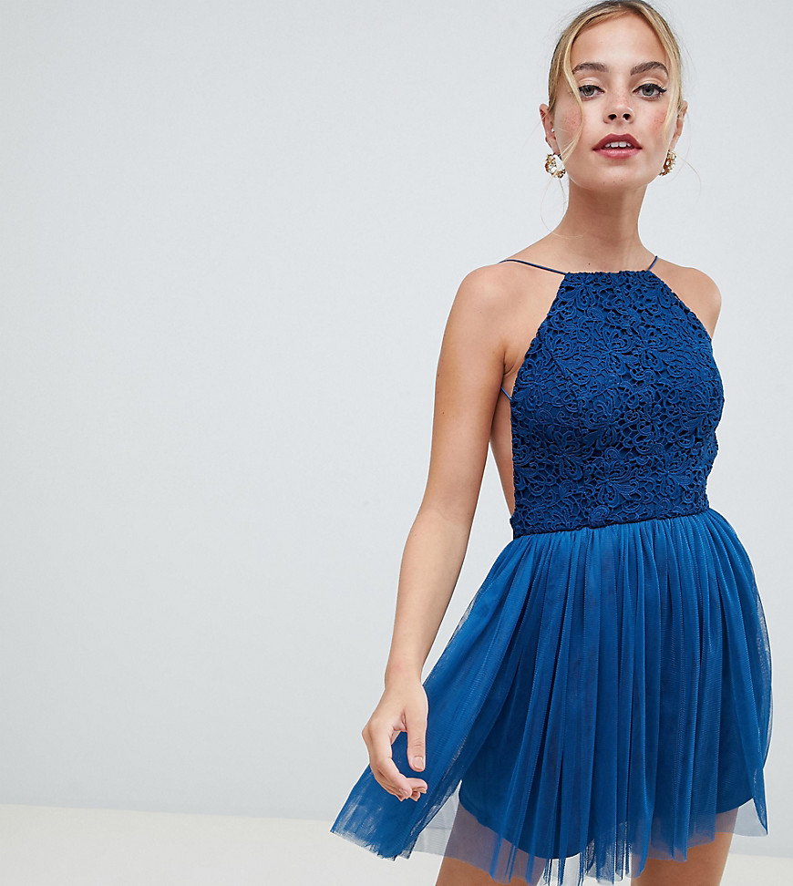 ASOS DESIGN Petite Lace Top Tulle Mini Dress-Navy