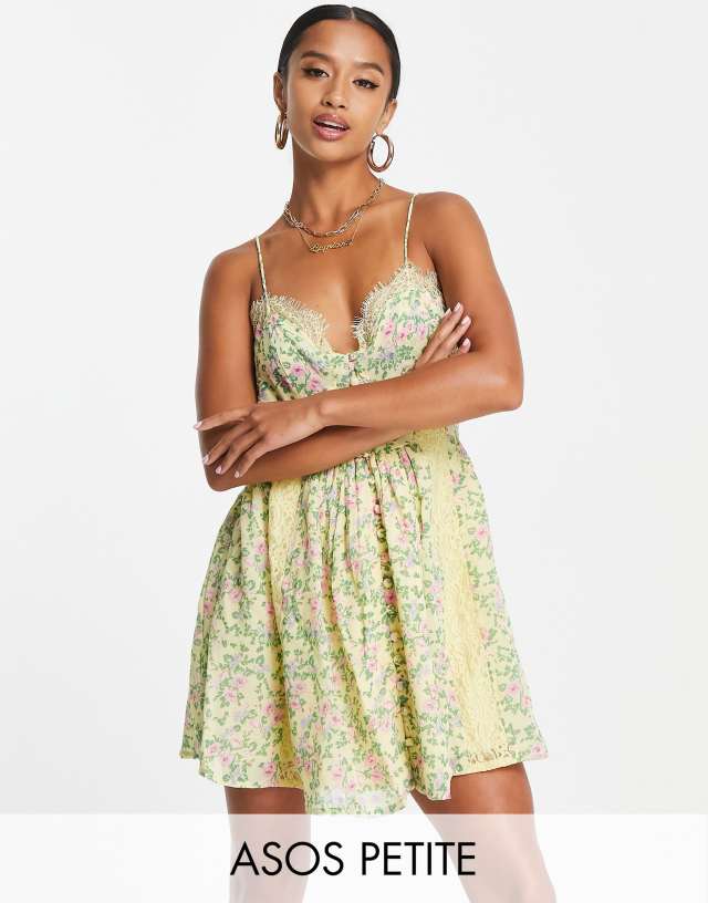 ASOS Petite - ASOS DESIGN Petite lace trim button through cami sundress in ditsy floral print