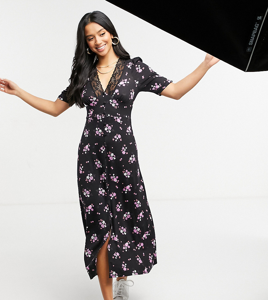 ASOS DESIGN Petite lace trim maxi with short sleeve in black and baby pink floral print