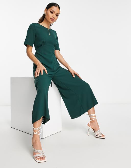 ASOS DESIGN Petite lace-up back jumpsuit in green | ASOS