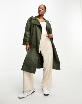 ASOS DESIGN Petite - Lang geschnittener Trenchcoat in dunklem Khaki-Grün