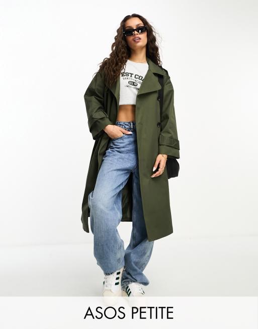 ASOS DESIGN Petite Lang geschnittener Trenchcoat in dunklem Khaki ASOS