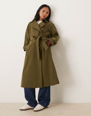 ASOS DESIGN Petite - Lang geschnittener Trenchcoat in Olivgrün