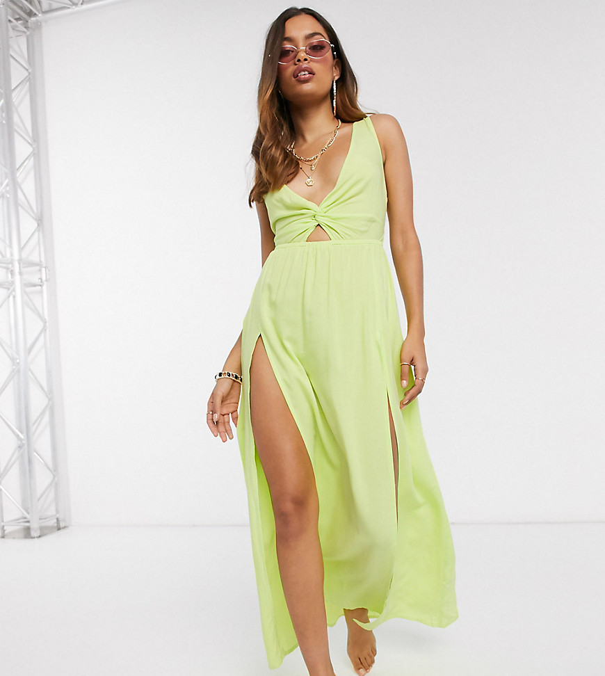 ASOS DESIGN petite – Lång limegrön strandklänning med knytning bak och vriden detalj fram