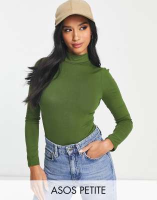 ASOS DESIGN Petite - Langärmliger Body mit hohem Kragen in dunklem Khaki-Grün