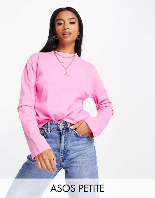 ASOS DESIGN Petite – Langärmliges, zweilagiges Oversize-T-Shirt in Rosa