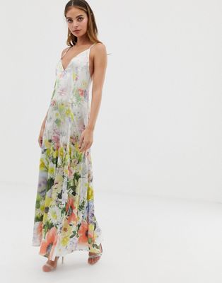 ASOS DESIGN PETITE - Lange cami-jurk van satijn met A-lijn en bloemenprint-Multi