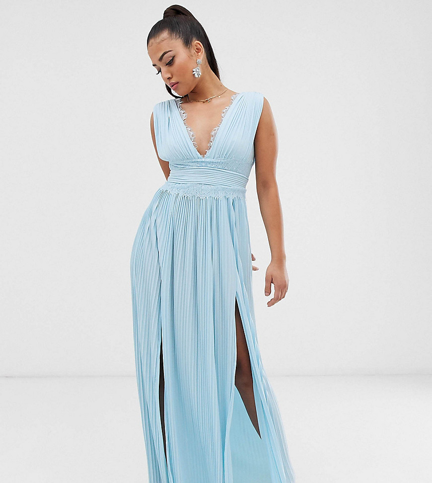 ASOS DESIGN - Petite - Lange geplooide jurk met kanten inzetstuk-Blauw