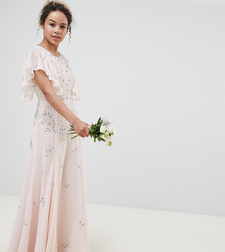 ASOS DESIGN - Petite - Lange jurk met fijne versiering en vleugelmouwen-Roze