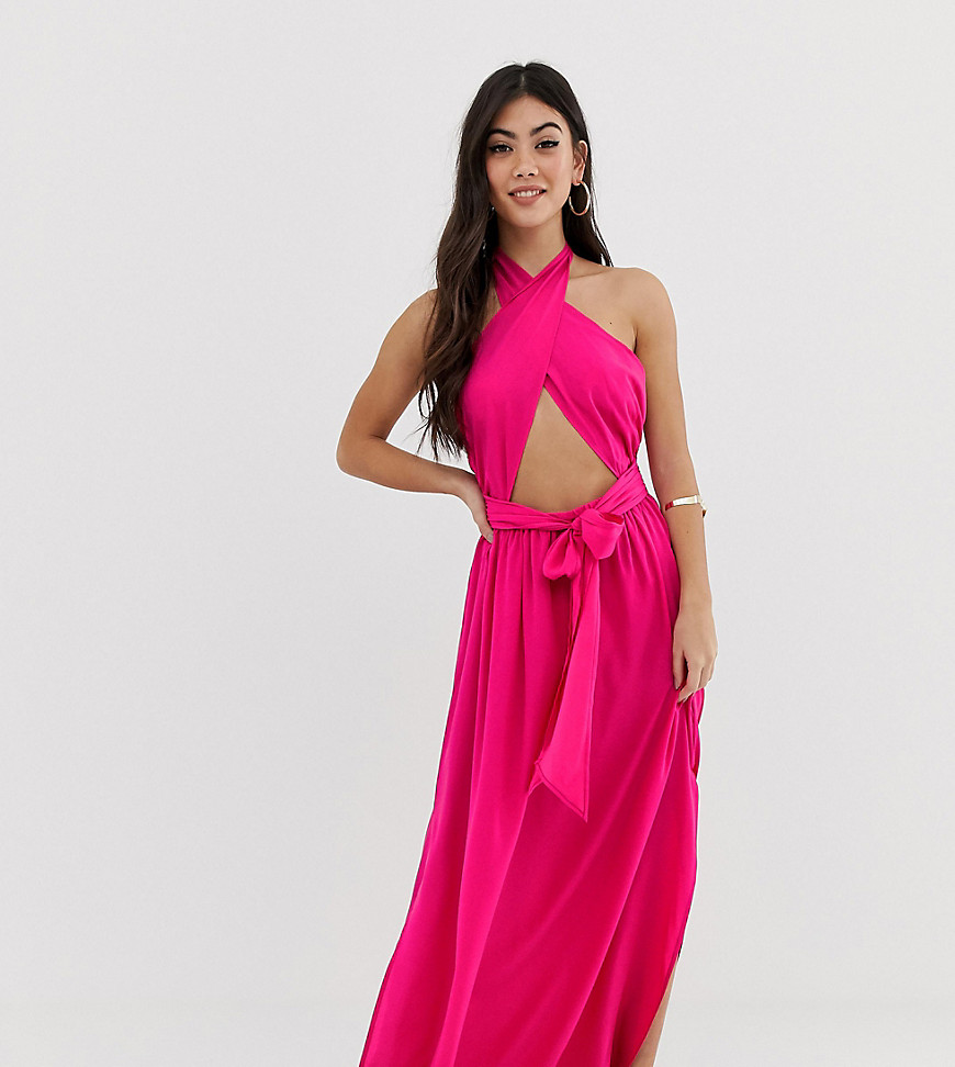 ASOS DESIGN - Petite - Lange jurk met gekruiste hals en split in roze