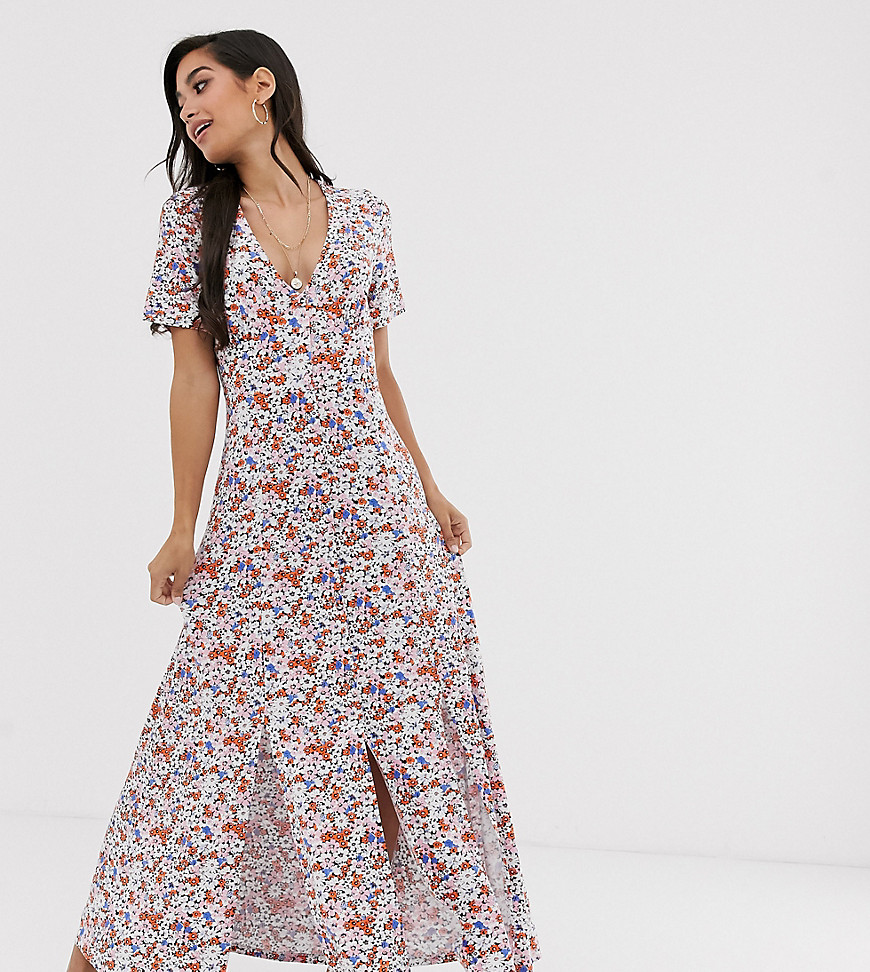 ASOS DESIGN - Petite - Lange jurk met knopen en split met fijne print-Multi