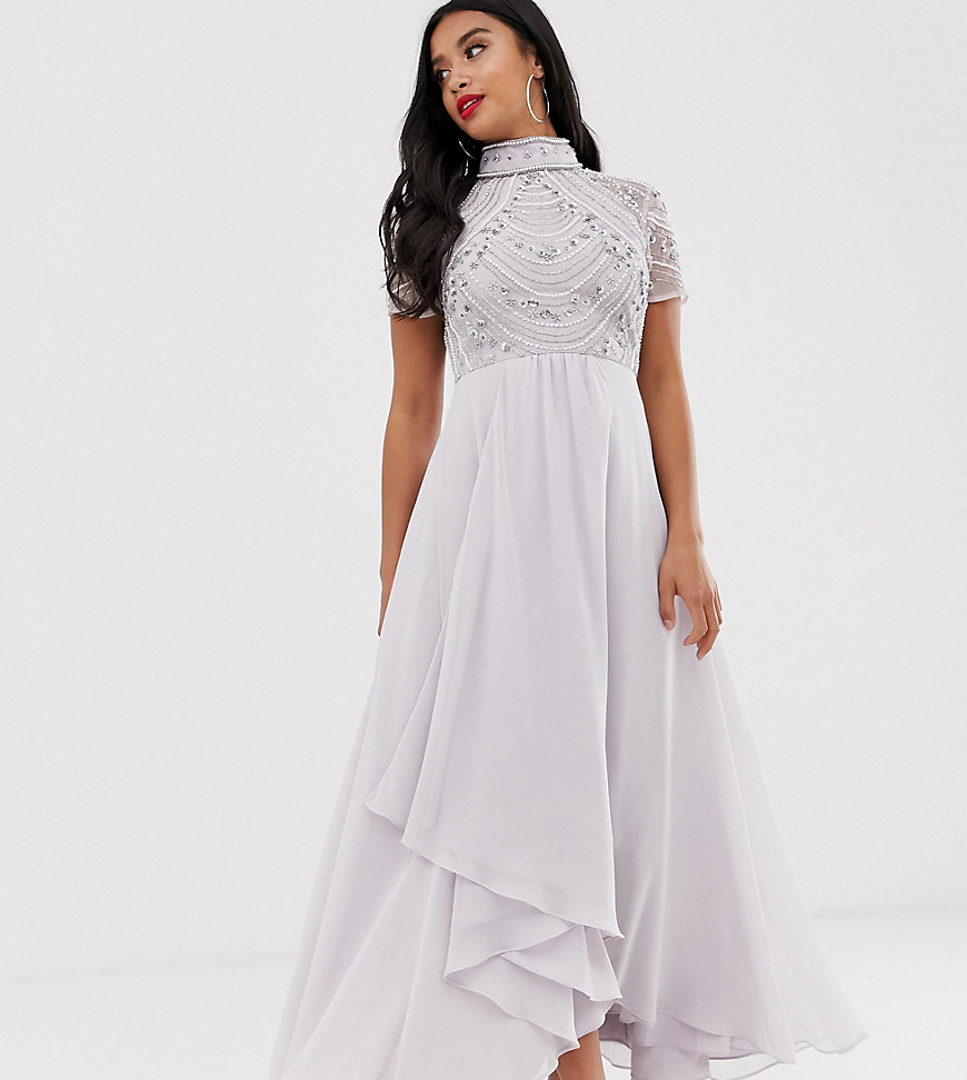 ASOS DESIGN Petite - Lange jurk met korte mouwen en versierd lijfje-Paars