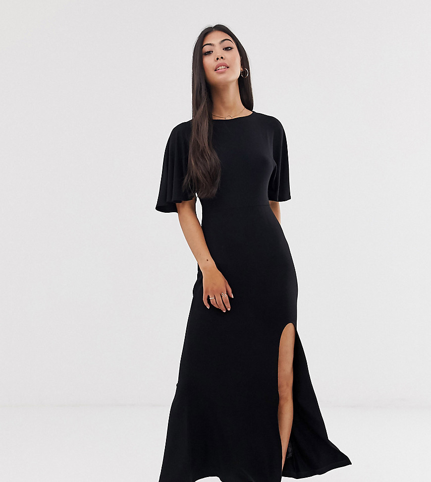 ASOS DESIGN Petite - Lange jurk met lange mouwen, open achterkant en hoge split-Zwart