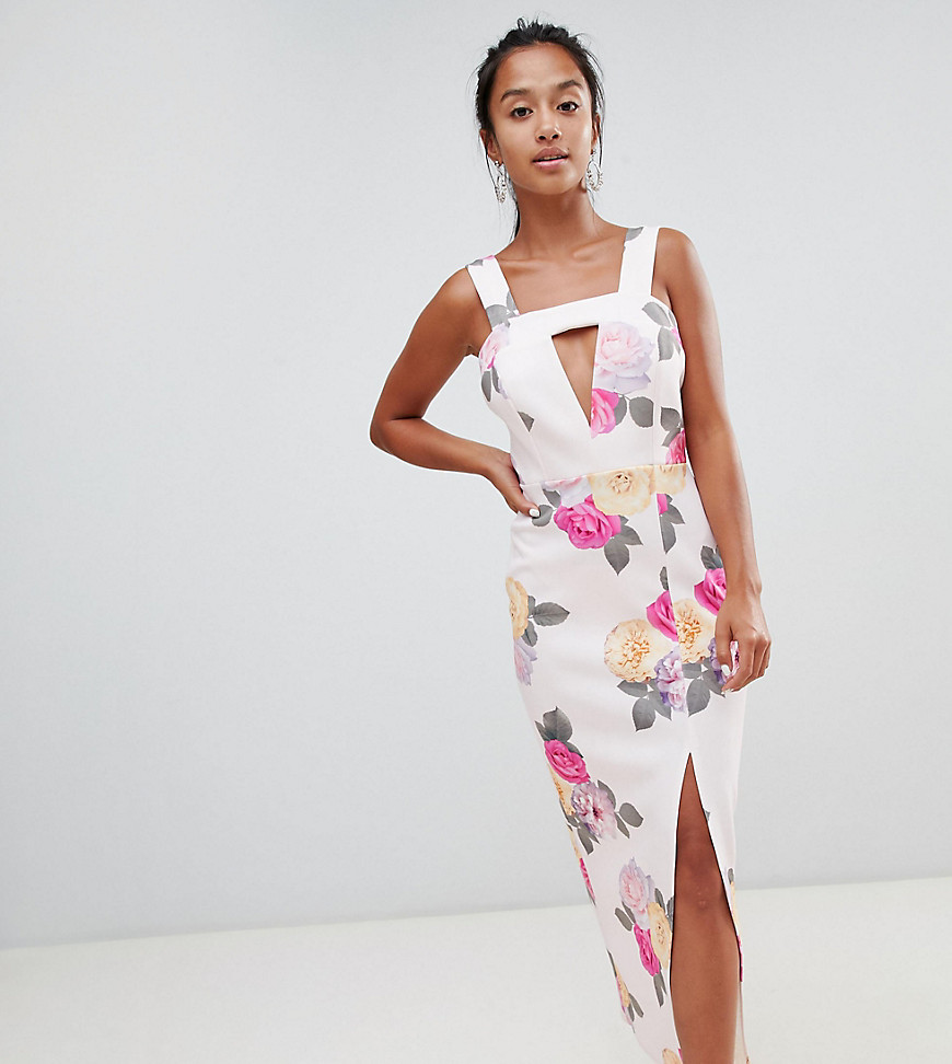 ASOS DESIGN - Petite - Lange jurk met vierkante hals en uitsnijdingen met bloemenprint-Multi