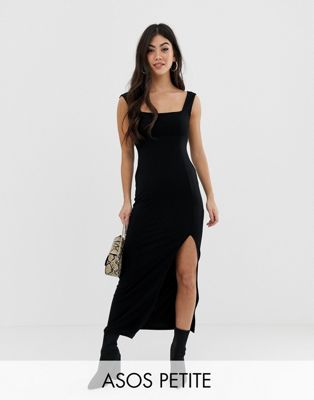 ASOS DESIGN - Petite - Lange jurk van gemengde stof met vierkante hals en split-Zwart