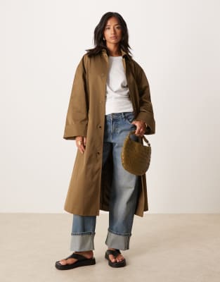 ASOS DESIGN Petite - Langer Trenchcoat in Khaki-Grün
