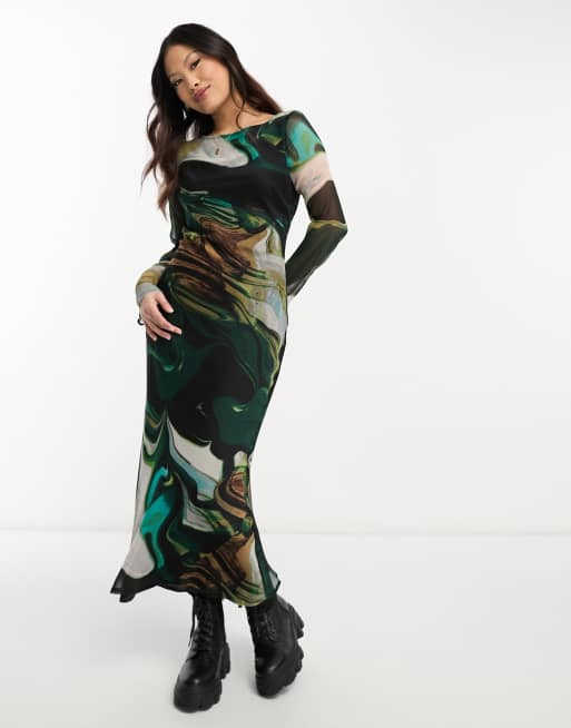ASOS DESIGN Petite - Langærmet midikjole med marmorprint i chiffon, 4 af 4